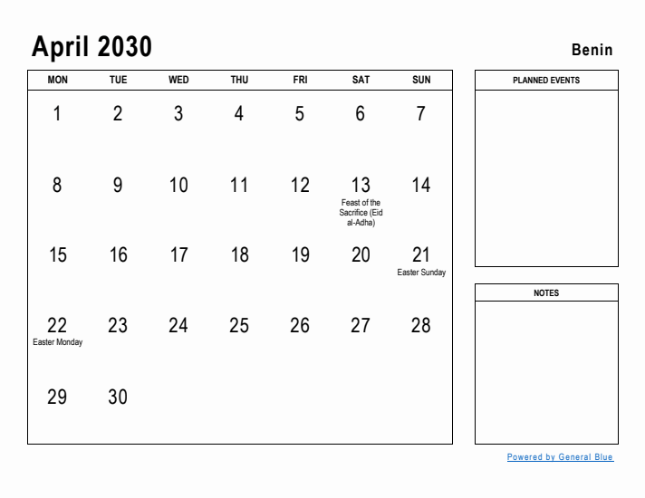 April 2030 Printable Monthly Calendar with Benin Holidays