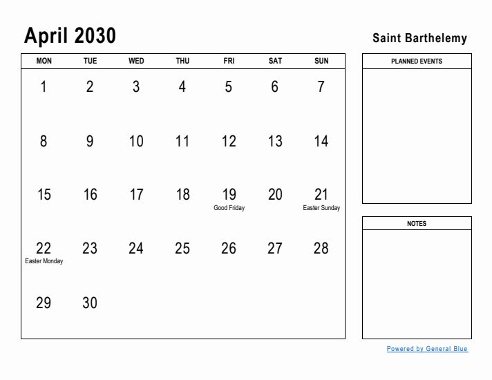 April 2030 Printable Monthly Calendar with Saint Barthelemy Holidays