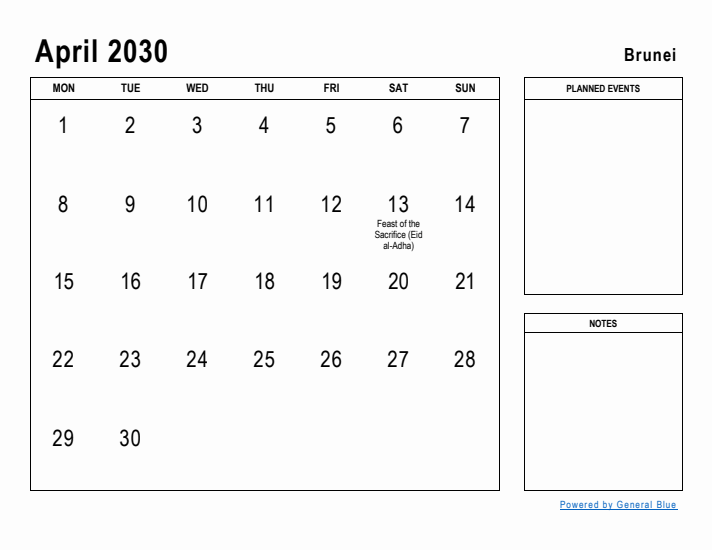 April 2030 Printable Monthly Calendar with Brunei Holidays