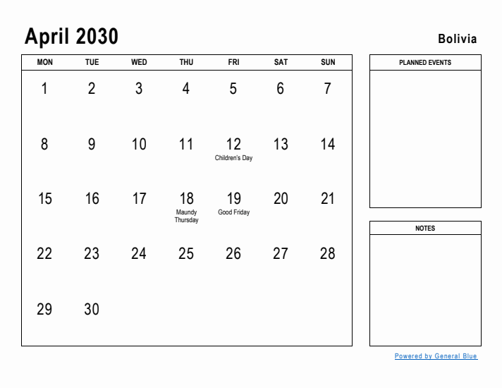 April 2030 Printable Monthly Calendar with Bolivia Holidays