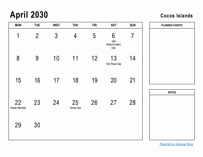 April 2030 Printable Monthly Calendar with Cocos Islands Holidays