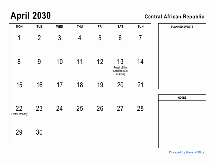 April 2030 Printable Monthly Calendar with Central African Republic Holidays