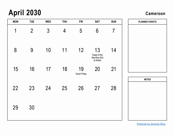 April 2030 Printable Monthly Calendar with Cameroon Holidays