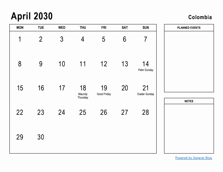 April 2030 Printable Monthly Calendar with Colombia Holidays