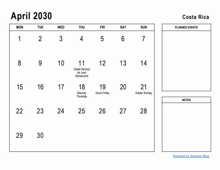 April 2030 Printable Monthly Calendar with Costa Rica Holidays