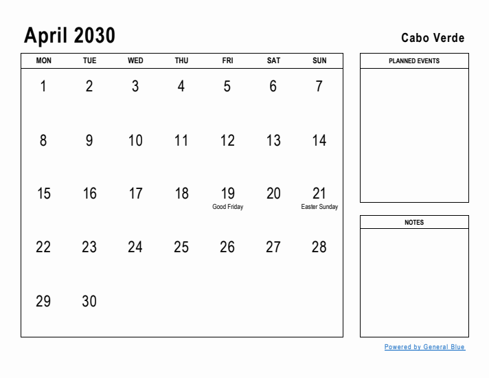 April 2030 Printable Monthly Calendar with Cabo Verde Holidays