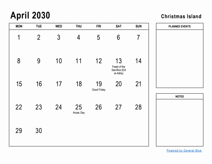 April 2030 Printable Monthly Calendar with Christmas Island Holidays