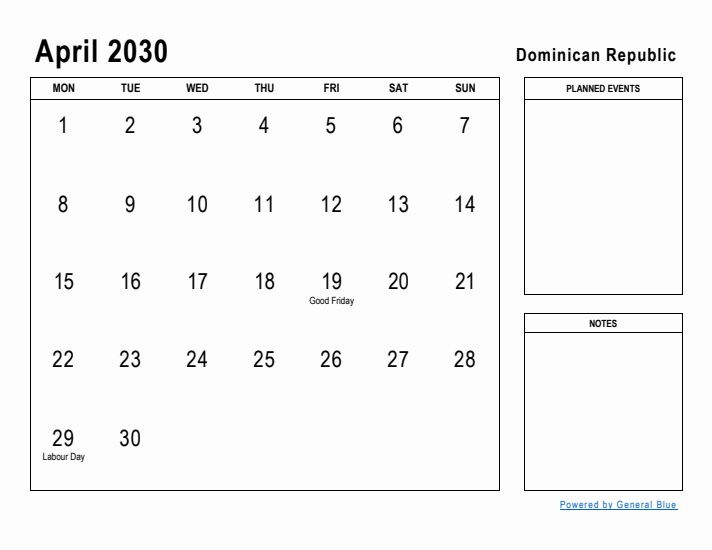 April 2030 Printable Monthly Calendar with Dominican Republic Holidays