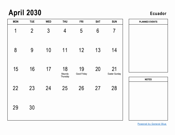 April 2030 Printable Monthly Calendar with Ecuador Holidays