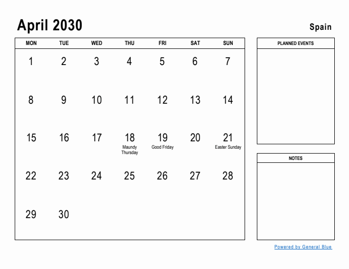 April 2030 Printable Monthly Calendar with Spain Holidays