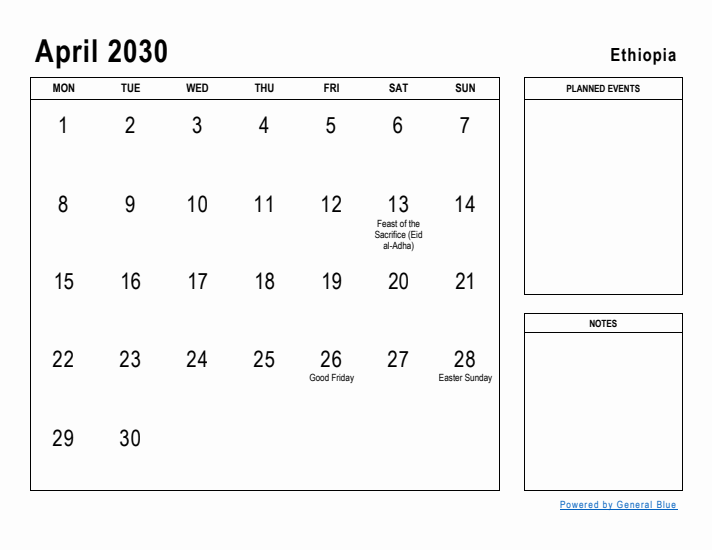 April 2030 Printable Monthly Calendar with Ethiopia Holidays