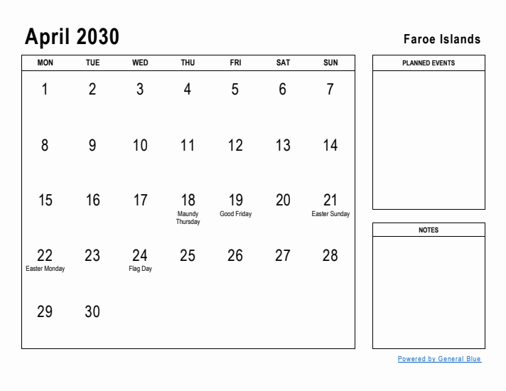 April 2030 Printable Monthly Calendar with Faroe Islands Holidays