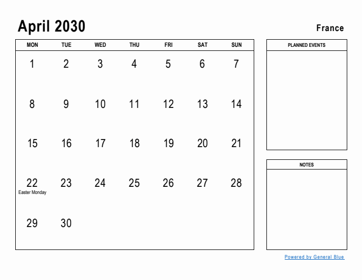 April 2030 Printable Monthly Calendar with France Holidays