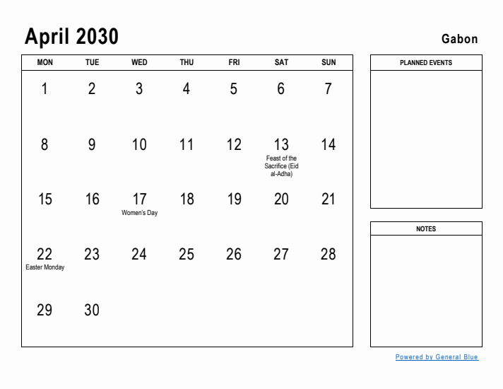 April 2030 Printable Monthly Calendar with Gabon Holidays