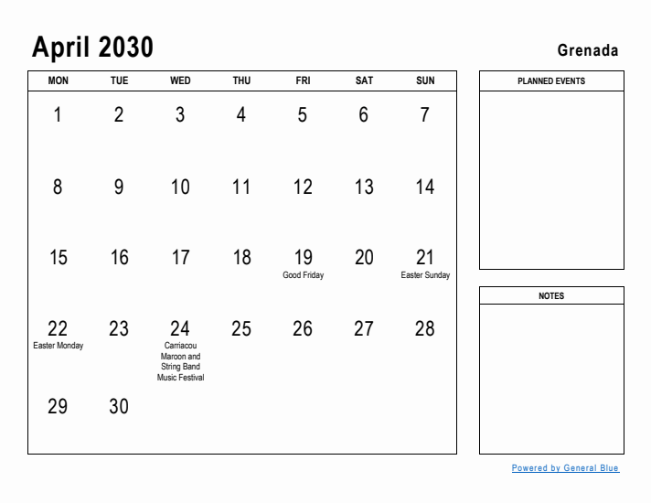 April 2030 Printable Monthly Calendar with Grenada Holidays