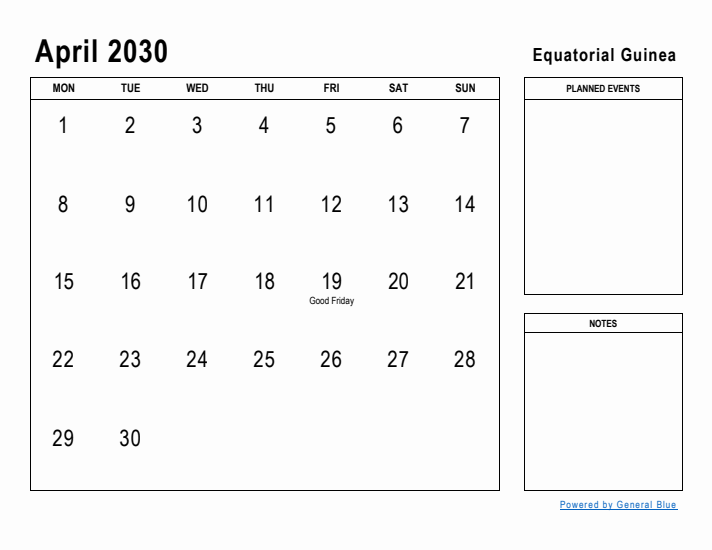 April 2030 Printable Monthly Calendar with Equatorial Guinea Holidays