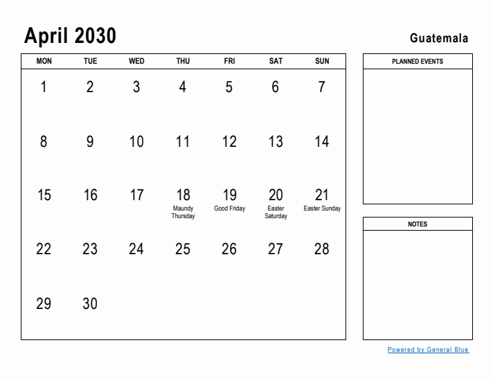 April 2030 Printable Monthly Calendar with Guatemala Holidays