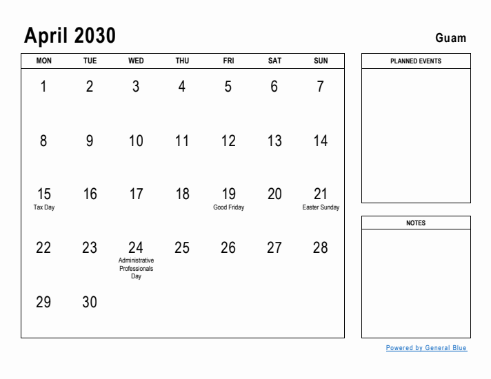 April 2030 Printable Monthly Calendar with Guam Holidays