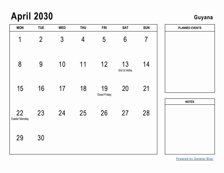 April 2030 Printable Monthly Calendar with Guyana Holidays