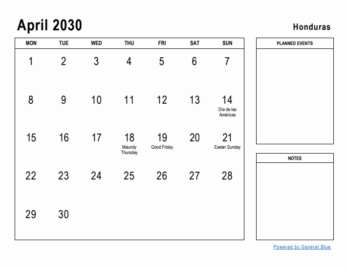 April 2030 Printable Monthly Calendar with Honduras Holidays