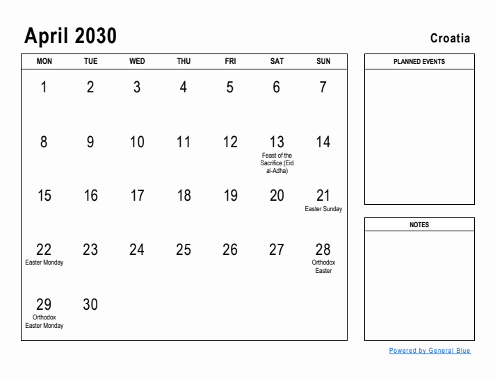 April 2030 Printable Monthly Calendar with Croatia Holidays