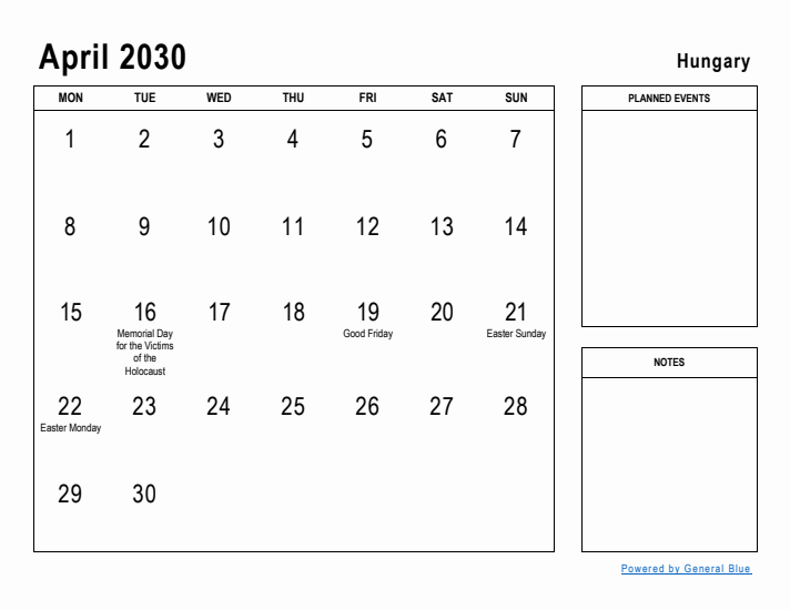 April 2030 Printable Monthly Calendar with Hungary Holidays