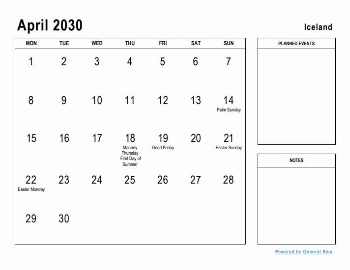 April 2030 Printable Monthly Calendar with Iceland Holidays