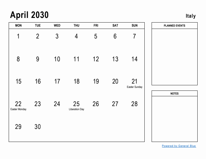 April 2030 Printable Monthly Calendar with Italy Holidays