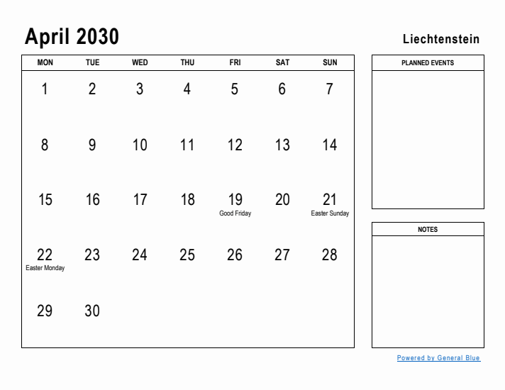 April 2030 Printable Monthly Calendar with Liechtenstein Holidays