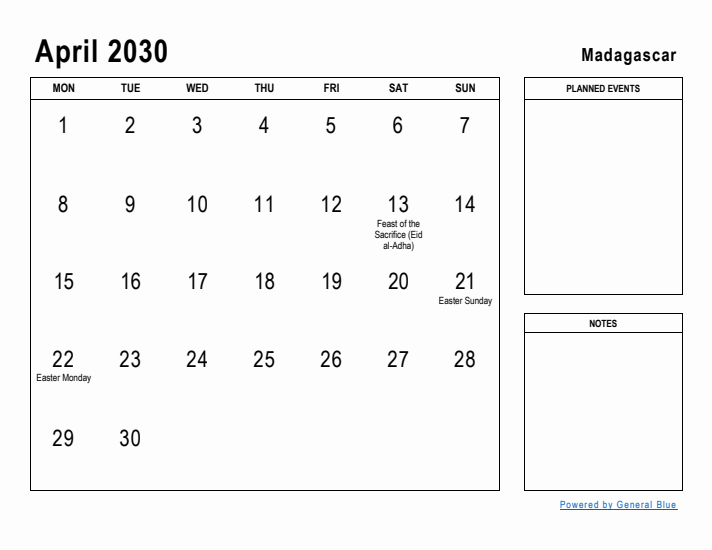 April 2030 Printable Monthly Calendar with Madagascar Holidays