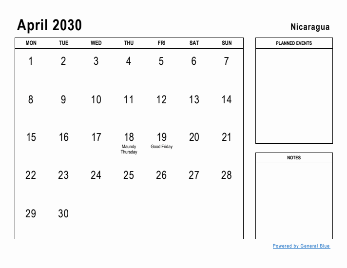 April 2030 Printable Monthly Calendar with Nicaragua Holidays