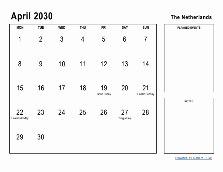 April 2030 Printable Monthly Calendar with The Netherlands Holidays