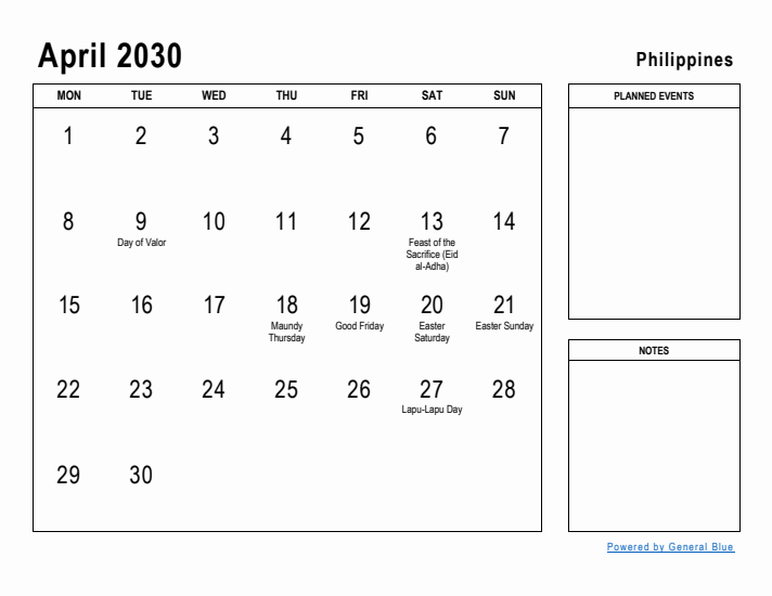 April 2030 Printable Monthly Calendar with Philippines Holidays