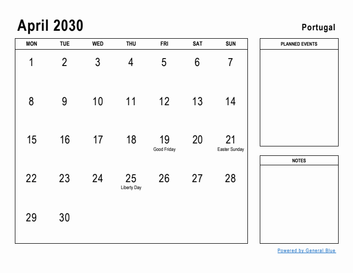 April 2030 Printable Monthly Calendar with Portugal Holidays