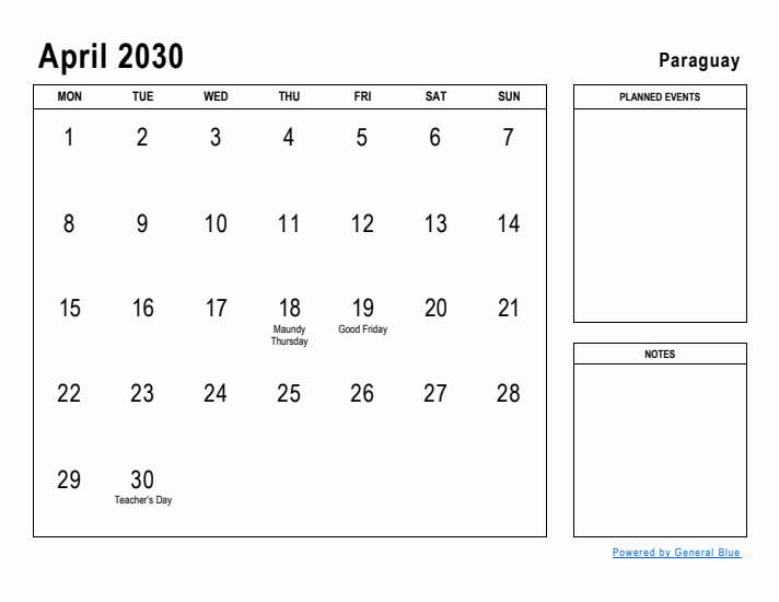 April 2030 Printable Monthly Calendar with Paraguay Holidays