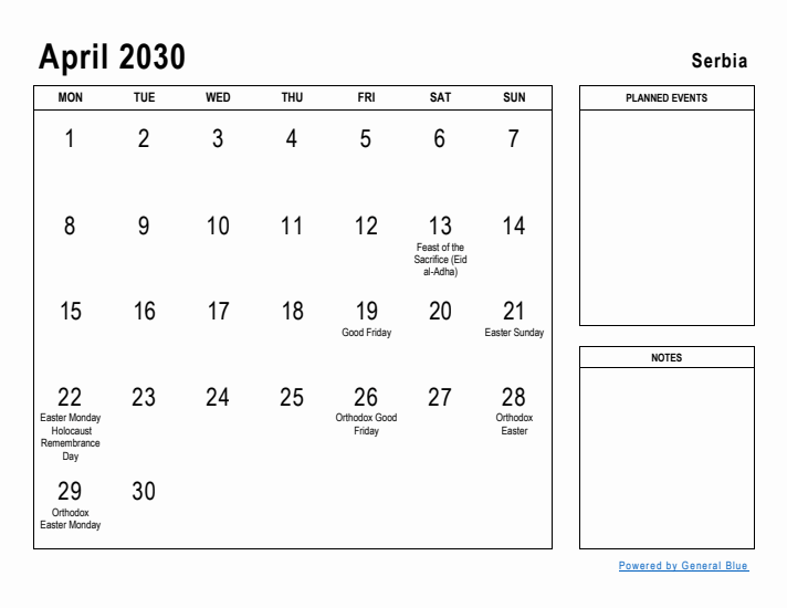 April 2030 Printable Monthly Calendar with Serbia Holidays