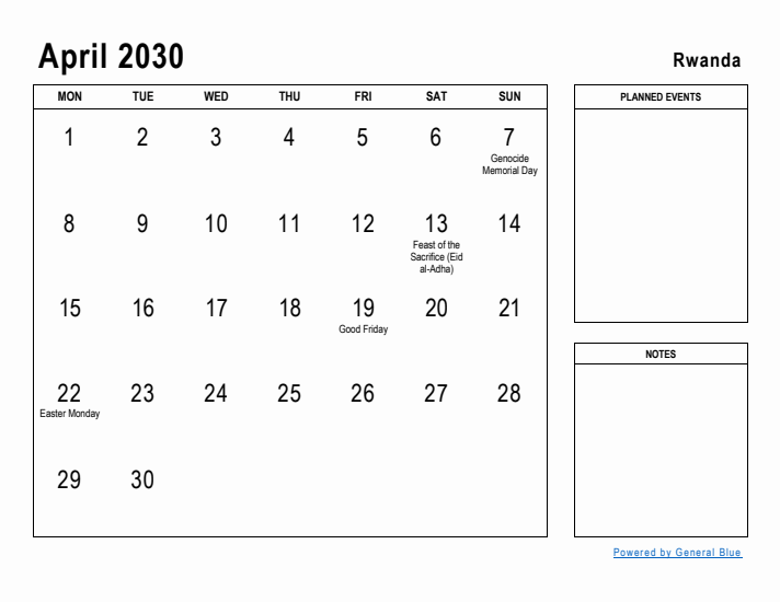 April 2030 Printable Monthly Calendar with Rwanda Holidays