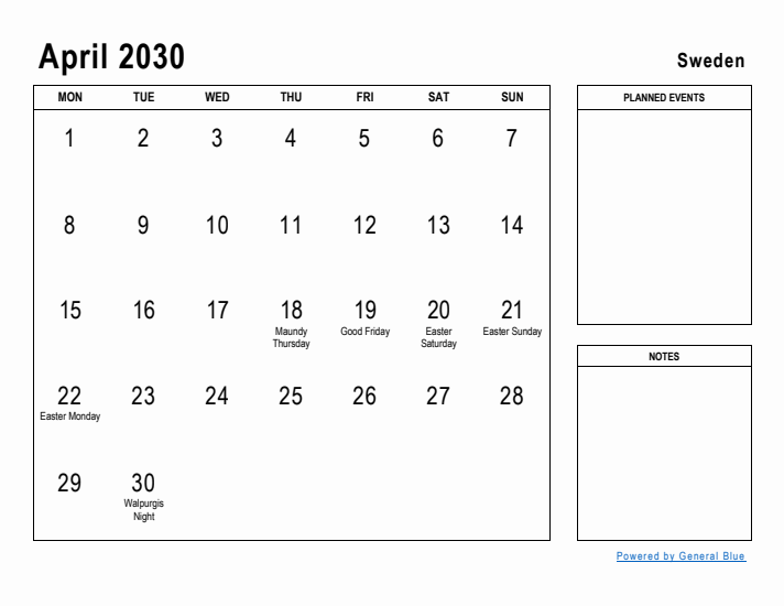 April 2030 Printable Monthly Calendar with Sweden Holidays