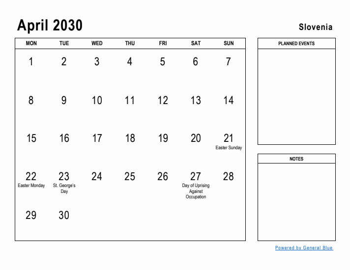 April 2030 Printable Monthly Calendar with Slovenia Holidays