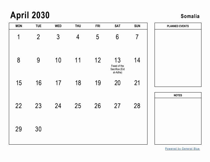 April 2030 Printable Monthly Calendar with Somalia Holidays