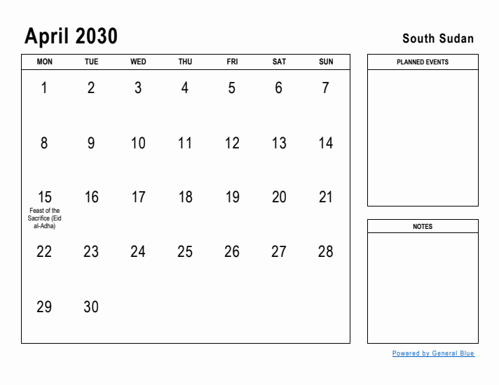 April 2030 Printable Monthly Calendar with South Sudan Holidays