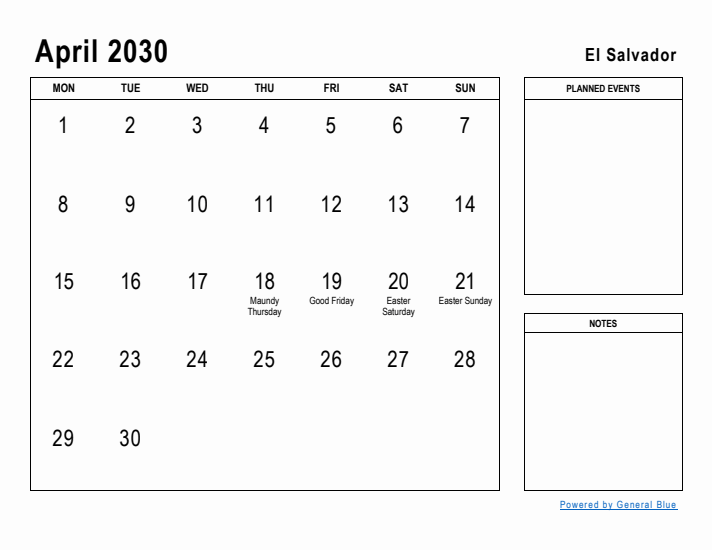 April 2030 Printable Monthly Calendar with El Salvador Holidays