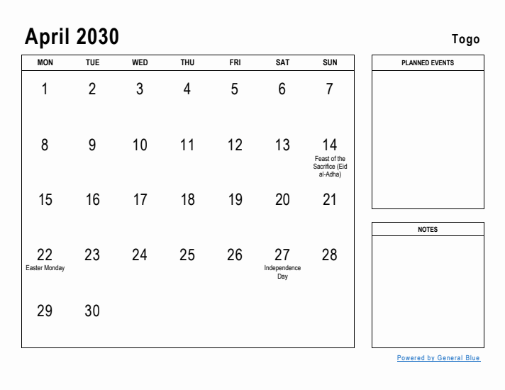 April 2030 Printable Monthly Calendar with Togo Holidays