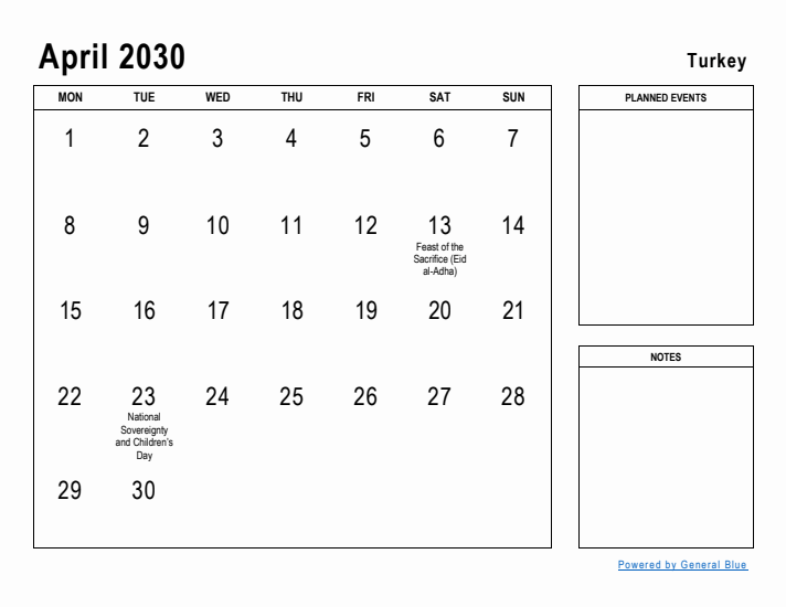 April 2030 Printable Monthly Calendar with Turkey Holidays