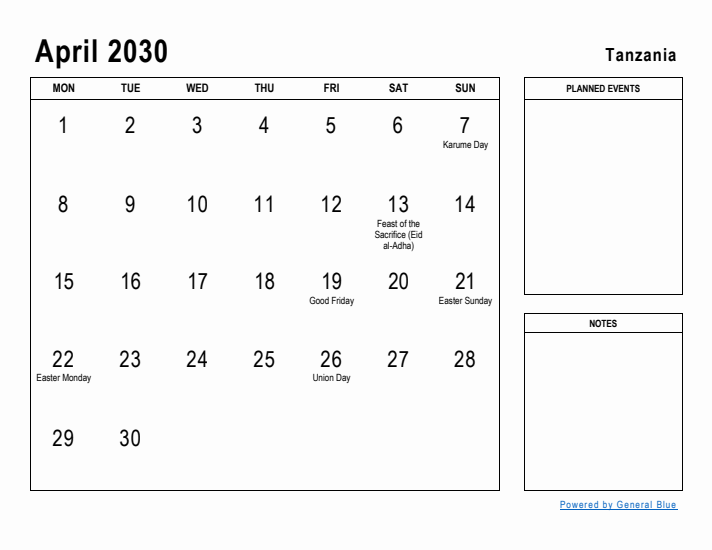 April 2030 Printable Monthly Calendar with Tanzania Holidays