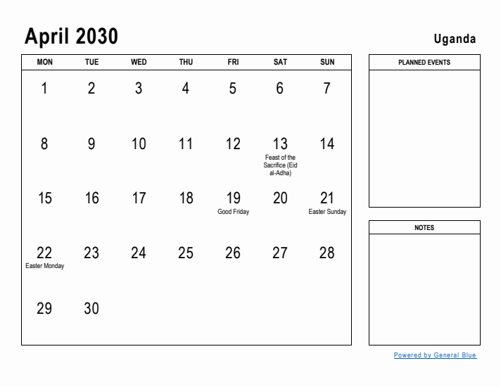 April 2030 Printable Monthly Calendar with Uganda Holidays