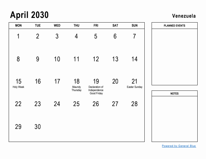 April 2030 Printable Monthly Calendar with Venezuela Holidays