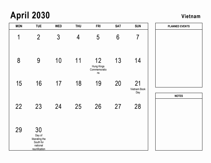 April 2030 Printable Monthly Calendar with Vietnam Holidays