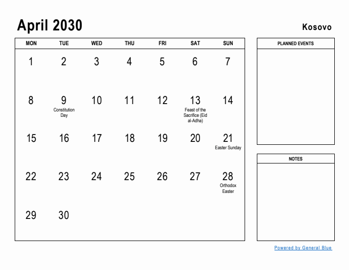 April 2030 Printable Monthly Calendar with Kosovo Holidays