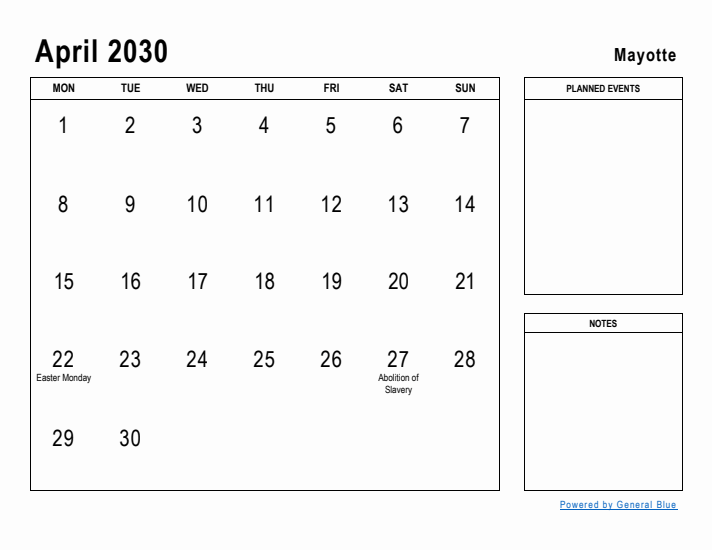 April 2030 Printable Monthly Calendar with Mayotte Holidays